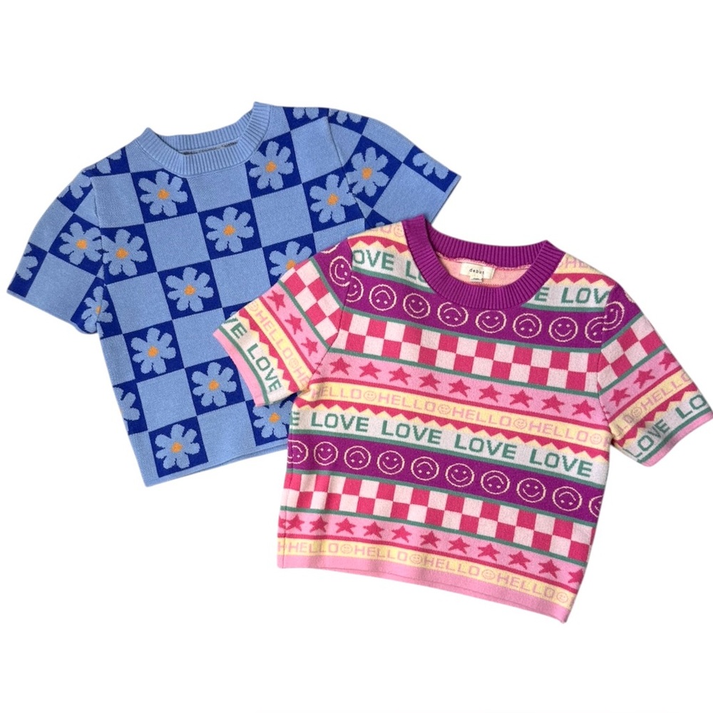 Debut Cropped Knit Printed Tops Bundle 2 Piece Blue Pink XS/S